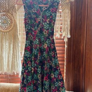 Vintage 1960's Fit Flare dress blue pink green white polyester braided trim zip